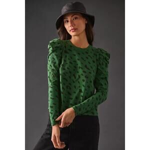 Clare V. Jaguar Print Puff-Sleeve Crewneck Pullover Sweatshirt Evergreen Black M